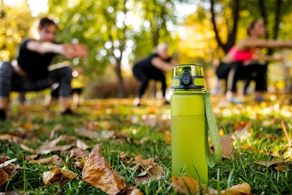 Sticlă de apă pe iarbă verde. femei sportive care fac exerciții în aer liber — Fotografie, imagine de stoc