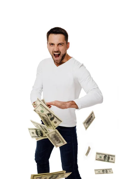 Man throwing out money banknotes — Stock Photo, Image