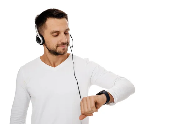 Call center trabajador hombre sobre fondo blanco . — Foto de Stock