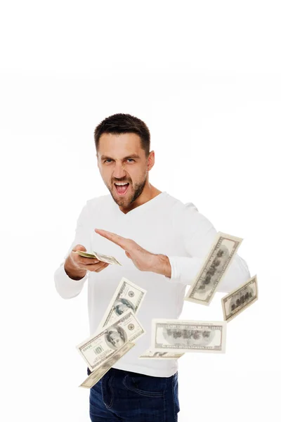 Man throwing out money banknotes — Stock Photo, Image