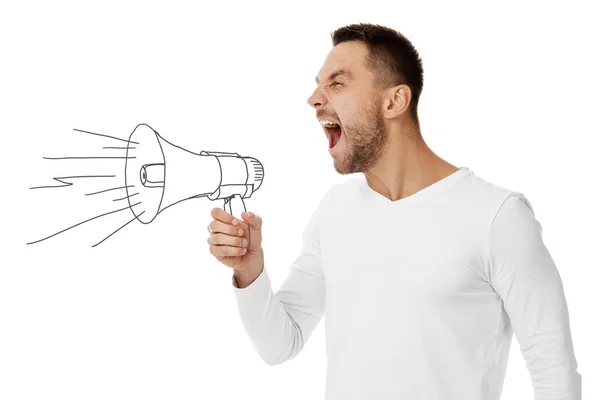 Homem segurando megafone e gritando — Fotografia de Stock