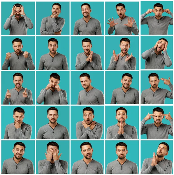 Collage di ritratti di uomo con emozioni diverse — Foto Stock