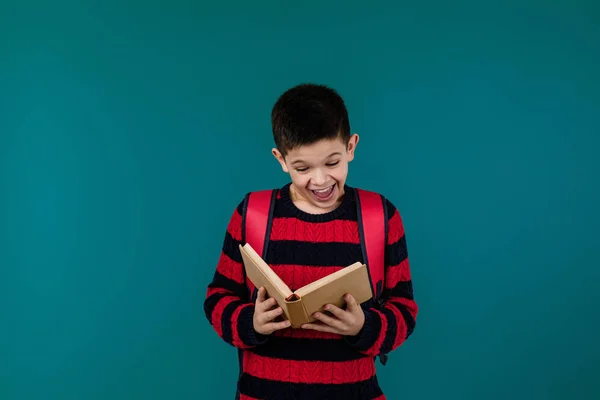 Маленький веселый школьник с книгой — стоковое фото