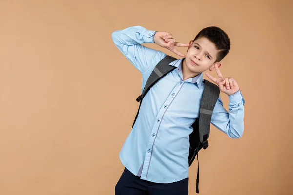 Liten söt skolpojke med grå ryggsäck — Stockfoto