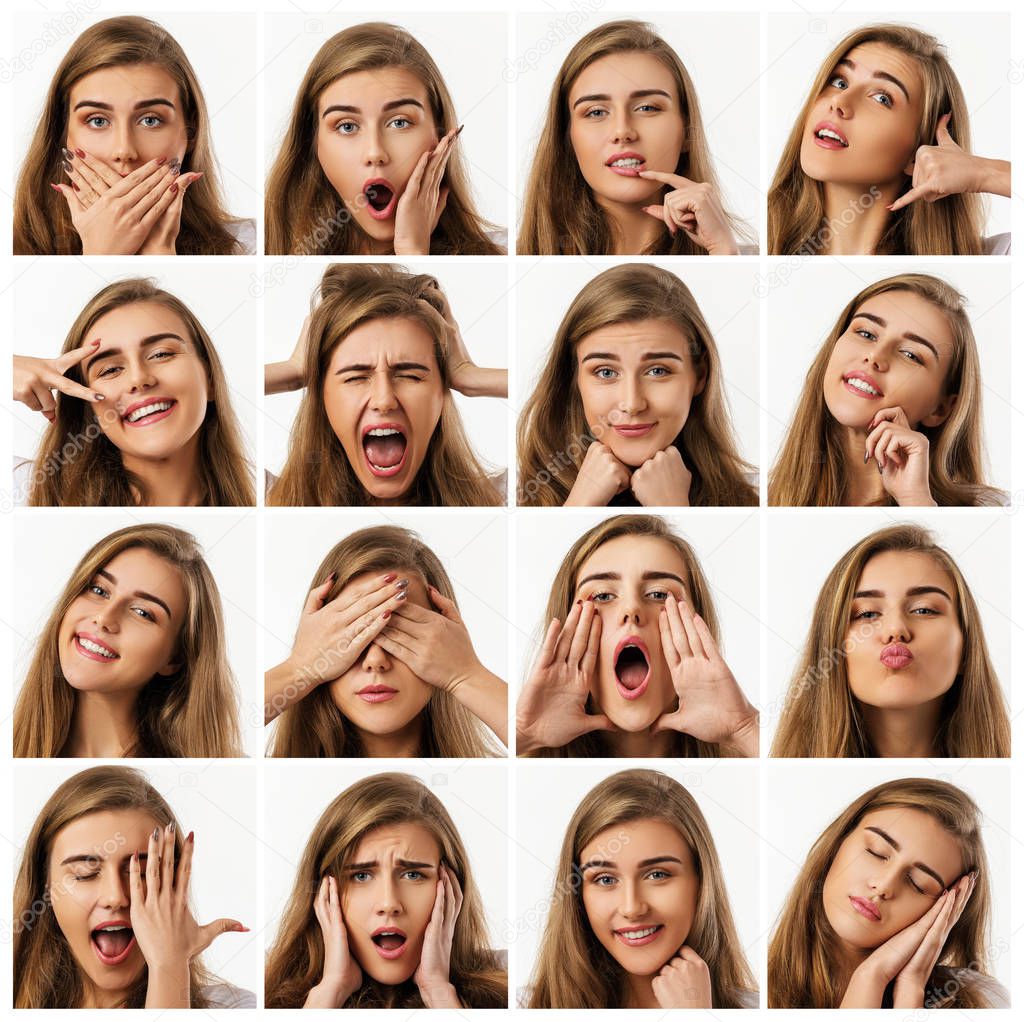 collage of portraits of woman with different emotions