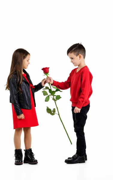 Petit garçon donnant une rose rouge à une enfant fille — Photo
