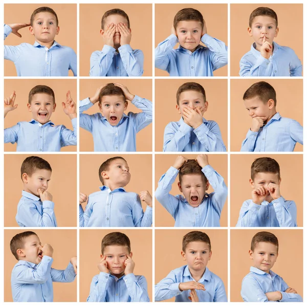 collage of portraits of little boy with different emotions