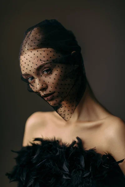 Beauty elegant girl posing in black veil — Stock Photo, Image