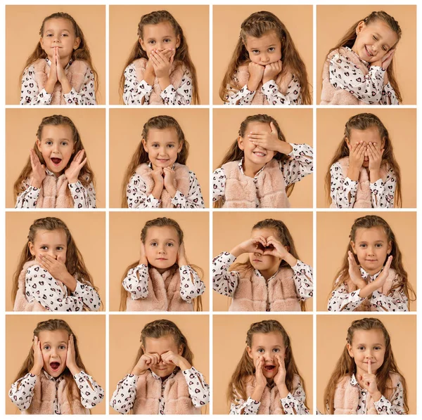 Collage de retratos de niña con diferentes emociones — Foto de Stock