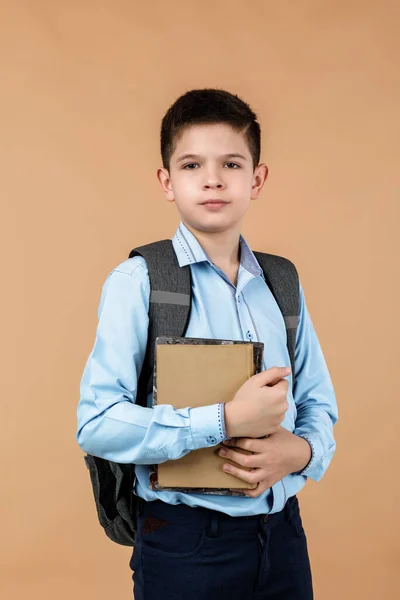 Little cheerful school boy holding a book — 스톡 사진