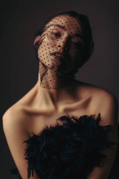 Beleza menina elegante posando em véu preto — Fotografia de Stock