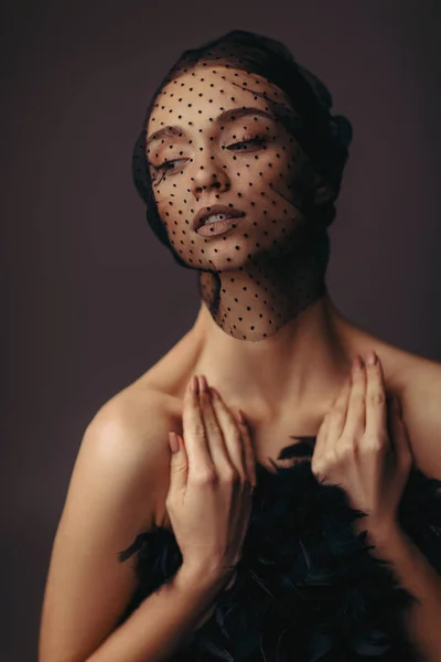 Beauty elegant girl posing in black veil — Stock Photo, Image