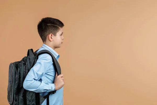 Little cute school boy with gray backpack — 스톡 사진