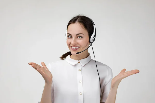 Consultant of call center in headphones — 스톡 사진