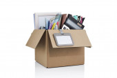 Dismissal. Box with office supplies.