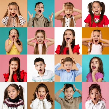 Çocukların mutlu gülümseyen yüzlerinin kolajı.