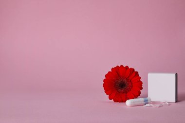 Regl tamponları ve pembe arka planda izole edilmiş kırmızı çiçek, üst manzara. Boşluğu kopyala