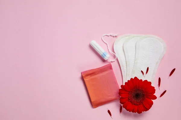 Almofadas menstruais, tampões e flores vermelhas — Fotografia de Stock
