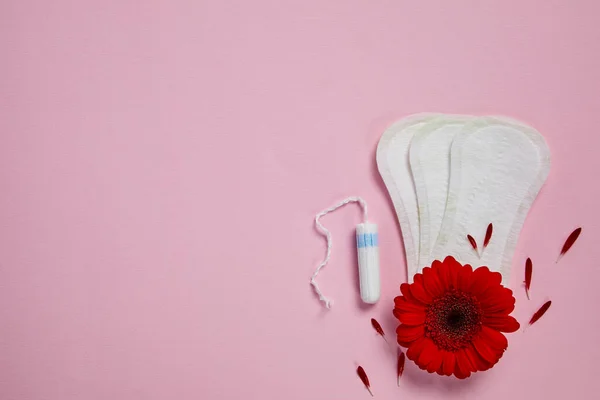 Menstruatiepads, tampons en rode bloemen — Stockfoto