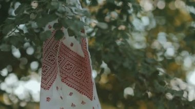 Bir ağaç dalı üzerinde asılı işlemeli havlu