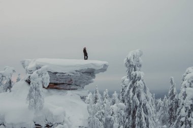 Kar dağının zirvesinde bir gezgin
