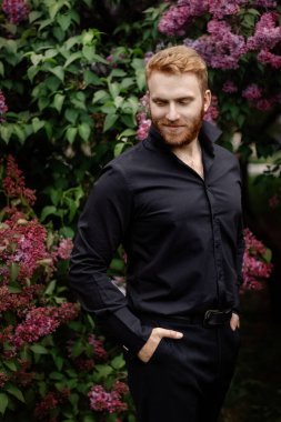 Kızıl saçlı, sakalsız, traşsız, siyah takım elbiseli, bahar leylak bahçesinde poz veren zarif bir adam. Parkta şık bir damat