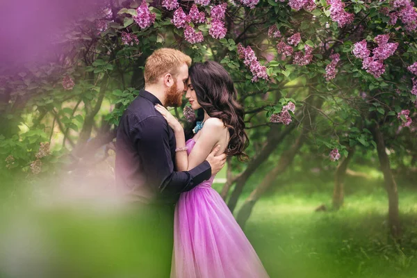 Bride and groom near lilac tree. Couple in love cuddling in a blooming spring garden. A woman in a purple sleeveless dress with a delicate necklace around her neck. Red-haired man in a black suit kisses and hugs a girl. Wedding in beautiful park.