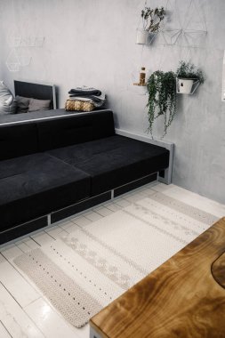 Minimalist ev dekorasyonu: siyah kanepe, ahşap sehpa, gri duvar, duvarda yeşil ev bitkileri, yerde hafif örülmüş pamuk halı..