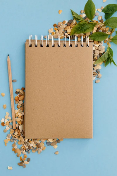 Boş kahverengi klasik defter, yapraklar, sarı çiçekler, kalem, kalem, renkli mavi masadaki günlük. Şık, minimalist iş yeri konsepti. Kopyalama alanı olan üst görünüm.