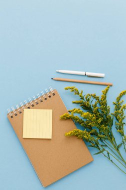 Boş kahverengi klasik defter, yapraklar, sarı çiçekler, kalem, kalem, renkli mavi masadaki günlük. Şık, minimalist iş yeri konsepti. Kopyalama alanı olan üst görünüm.