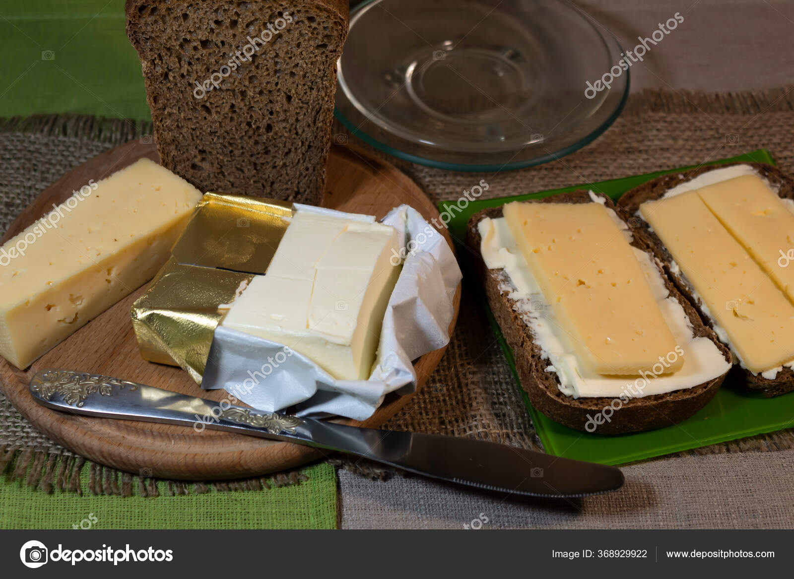 Board Packet Butter Piece Cheese Brown Bread Knife Green Plate Stock Photo Image By C Olha2117