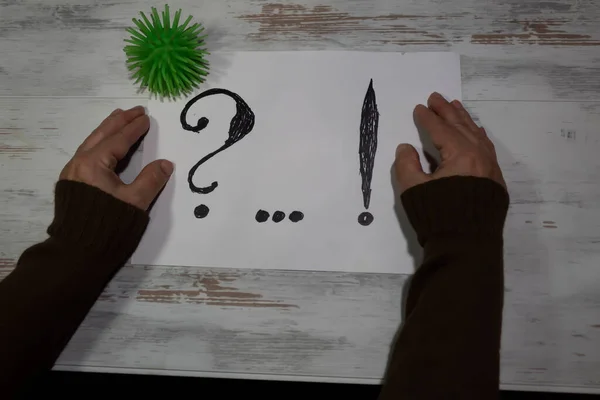 Bir soru işareti, üç nokta ve bir ünlem işareti beyaz bir kağıdın üzerine elle çizilir. İki tarafta da kadın elleri var..