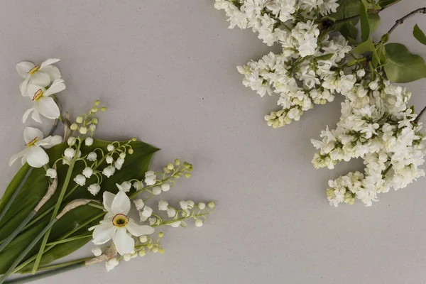 Hafif Bir Arka Planda Iki Zıt Köşede Beyaz Çiçekler Seriliyor — Stok fotoğraf