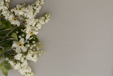 Sol arka planda, leylak, nergis ve zambaklardan oluşan beyaz çiçekler var..