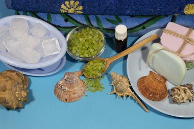 Mavi arka planda spa tedavileri için malzemeler var - sabun, buz parçaları, deniz tuzu ve aroma yağı. Yakınlarda deniz kabukları var.