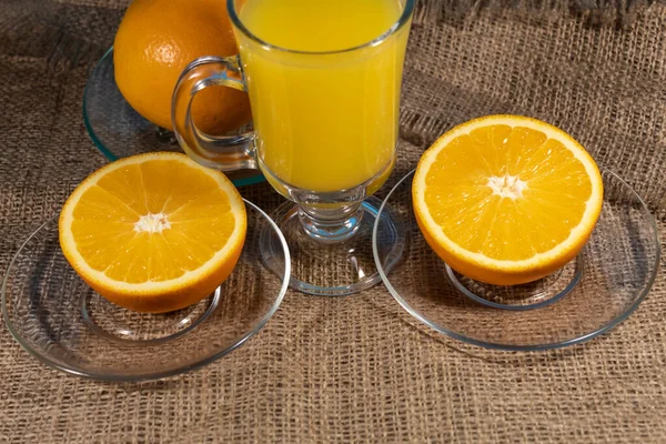 Jute Cloth Cup Orange Juice Lies Cut Whole Orange — Stock Photo, Image