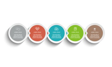 Bilgisel. Simgeli ve 5 sayı seçeneği ya da basamaklı vektör bilgi tasarım şablonu. İşlem şeması, sunumlar, iş akışı düzeni, afiş, akış şeması, bilgi grafiği için kullanılabilir.