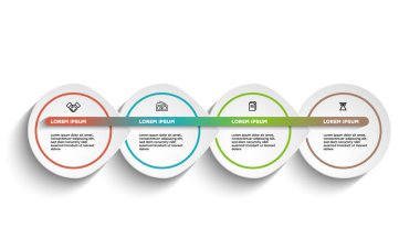 Bilgisel. Simgeli ve 4 sayı seçeneği veya basamaklı vektör bilgi tasarım şablonu. İşlem şeması, sunumlar, iş akışı düzeni, afiş, akış şeması, bilgi grafiği için kullanılabilir.