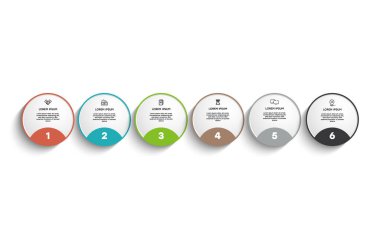 Bilgisel. Simgeli ve 6 basamaklı vektör bilgi tasarım şablonu. İşlem şeması, sunumlar, iş akışı düzeni, afiş, akış şeması, bilgi grafiği için kullanılabilir.