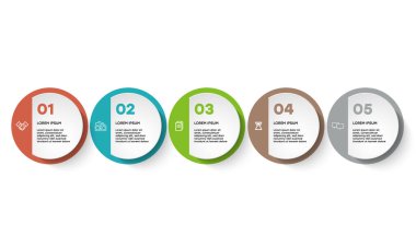 Bilgisel. Simgeli ve 5 sayı seçeneği ya da basamaklı vektör bilgi tasarım şablonu. İşlem şeması, sunumlar, iş akışı düzeni, afiş, akış şeması, bilgi grafiği için kullanılabilir.