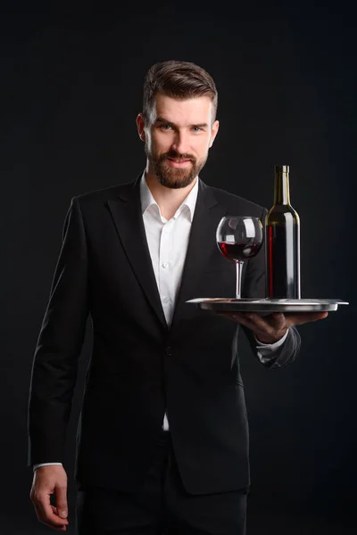 Vertical Portrait Wine Connoisseur Black Background Bearded Man Expensive Formal — Stock Photo, Image