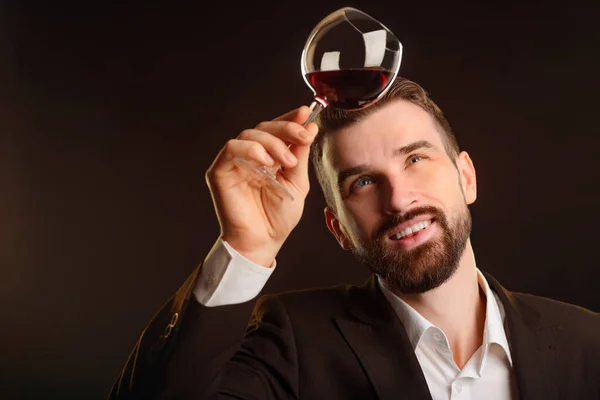 Portrait of sommelier examinating wine. A man dressed in black suit and white shirt raised a glass up against the light to see the color of beverage.