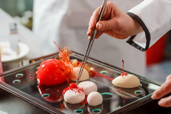 Cherry, yogurt spheres and cake — Stock Photo, Image