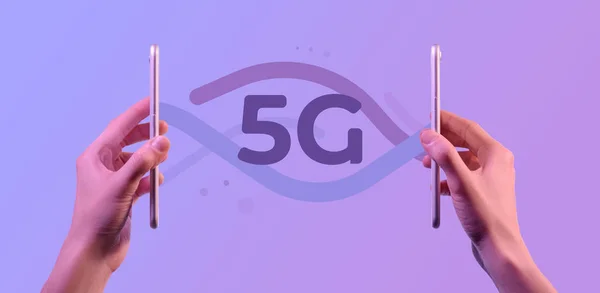 5g Internet-Netzwerk-Konzept drahtlose Verbindung zwischen zwei Mobiltelefonen. — Stockfoto