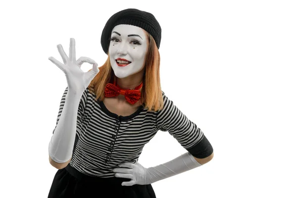 Woman appreciates and shows OK gesture. Waist up portrait of a mime actress — Stock Photo, Image