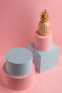 Altın ananas, yeşil küp ve pembe arka planda pembe yuvarlak kutu.