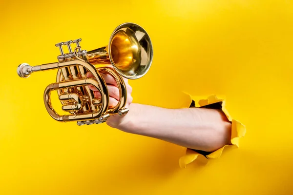 찢어진 노란색 종이 배경을 통해 주머니용 트럼펫을 건네 주는 모습 — 스톡 사진