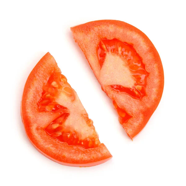 Zwei Hälften einer Tomatenscheibe auf weißem Hintergrund — Stockfoto