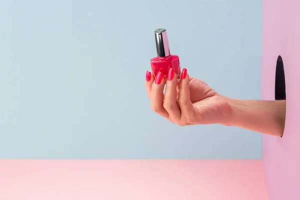 Mano de mujer sosteniendo una botella de esmalte de uñas rosa —  Fotos de Stock