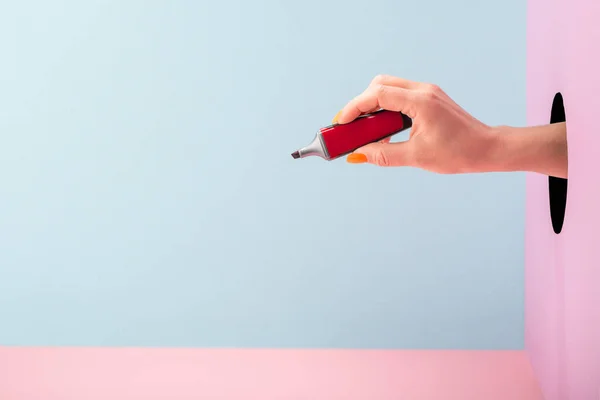 Χέρι κρατώντας ένα κόκκινο μαρκαδόρο στυλό τσόχας σε μπλε και ροζ φόντο — Φωτογραφία Αρχείου